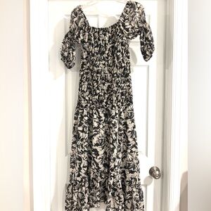 MISA Chic Black and White Floral off the shoulder midi Dress